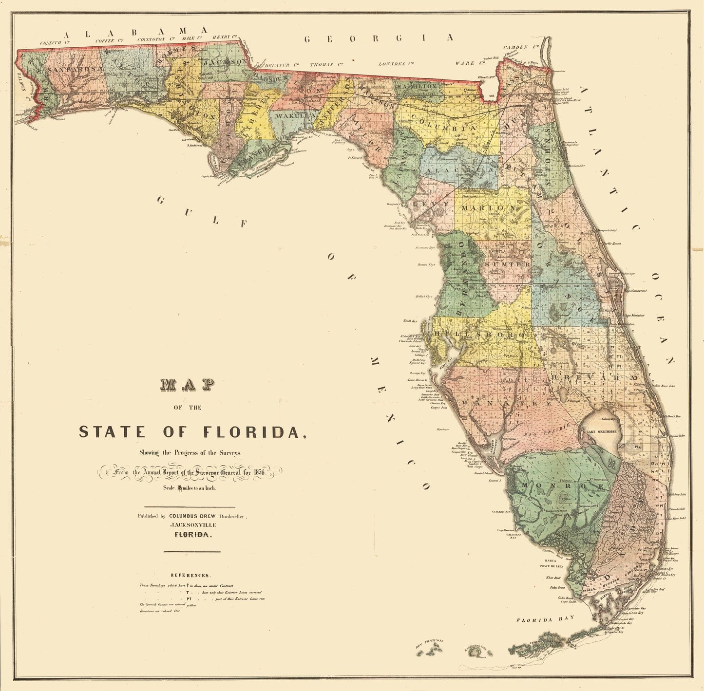 Historic State Map - Florida - Drew 1856 - 23.43 x 23 - Vintage Wall Art