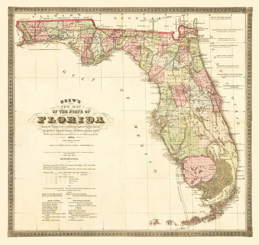 Historic State Map - Florida Railroads - Drew 1874 - 24.27 x 23 - Vintage Wall Art