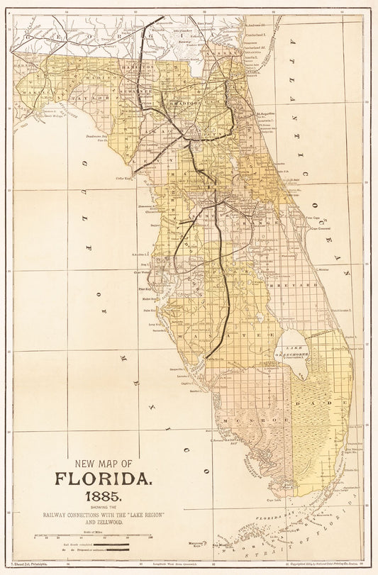Railroad Map - Florida Railway Connections - Zell 1885 - 23 x 35 - Vintage Wall Art