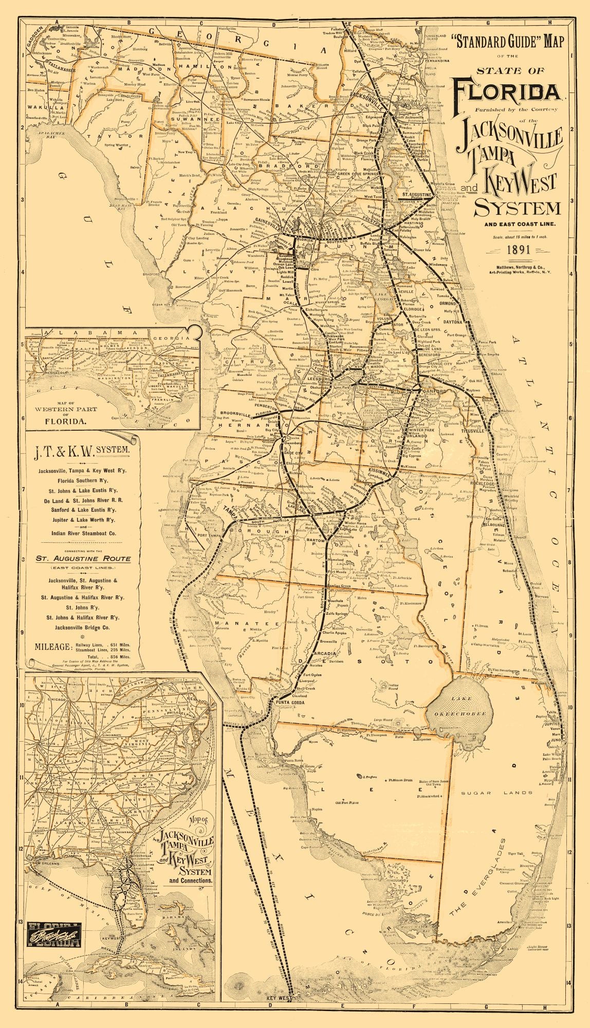 Railroad Map - Florida Railroads - Northrup 1891 - 23 x 40.06 - Vintage Wall Art