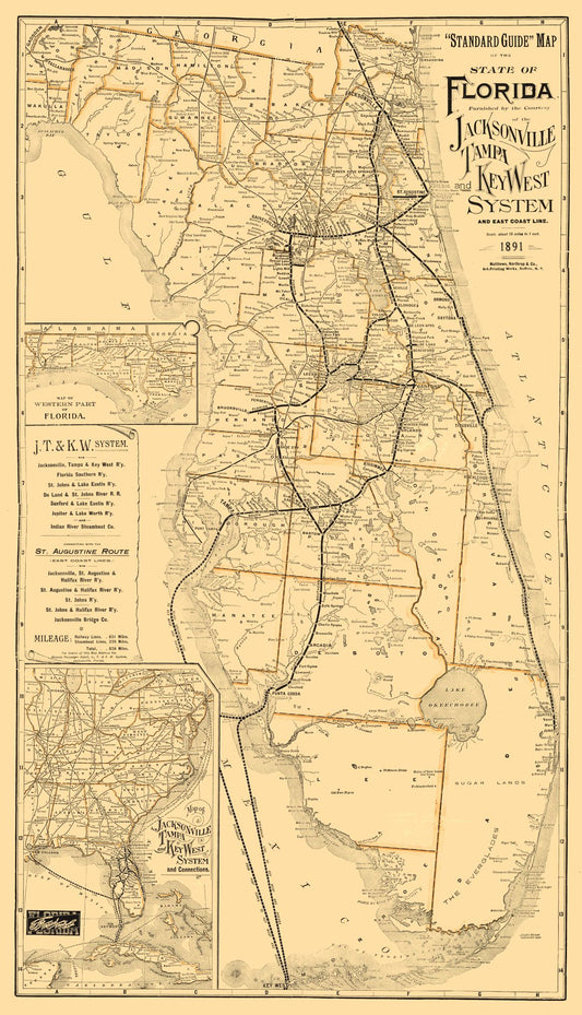 Railroad Map - Florida Railroads - Northrup 1891 - 23 x 40.06 - Vintage Wall Art