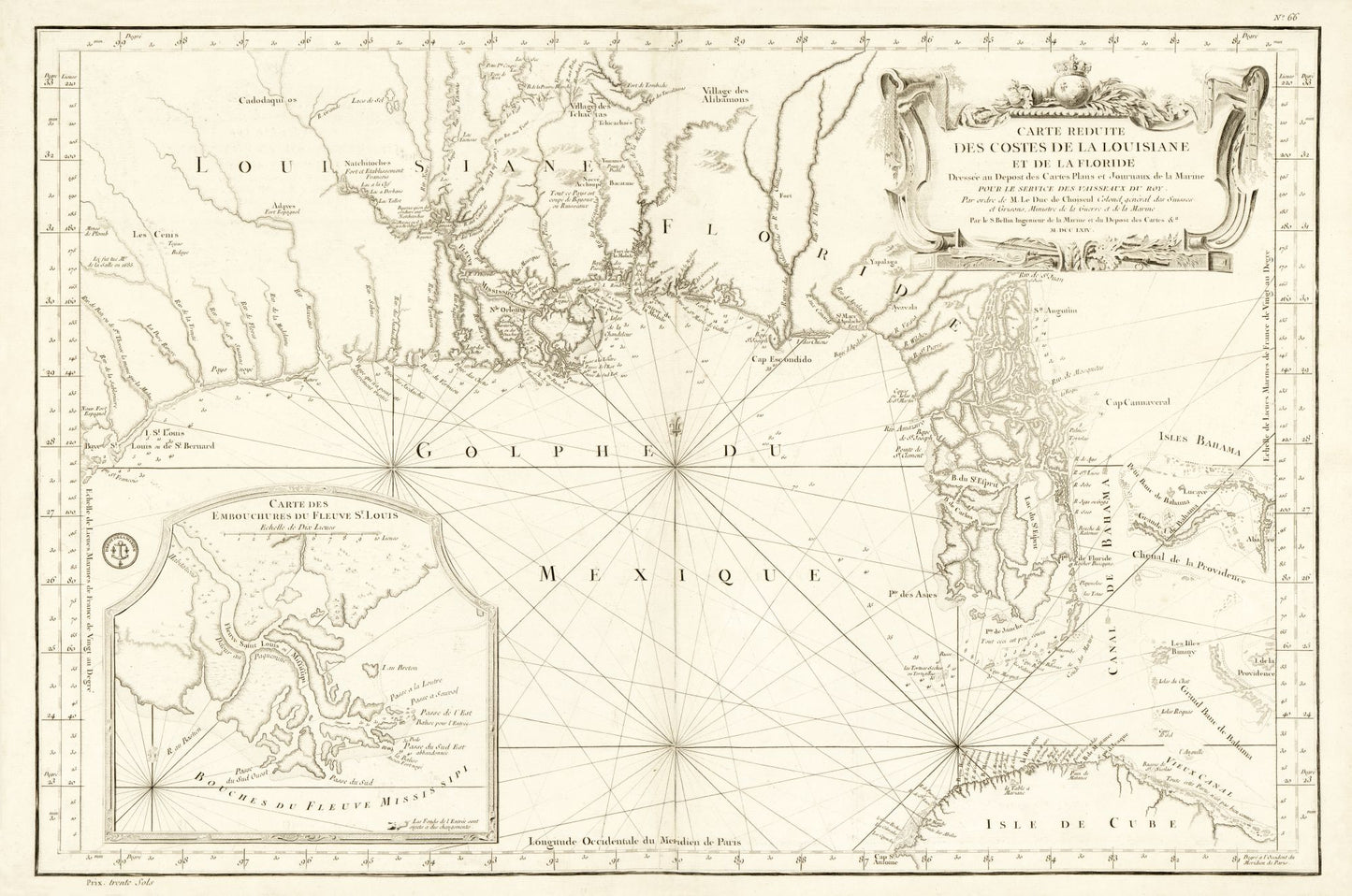 Historic State Map - Louisiana Florida Gulf Coast - Bellin 1764 - 34.70 x 23 - Vintage Wall Art