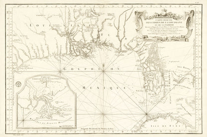 Historic State Map - Louisiana Florida Gulf Coast - Bellin 1764 - 34.70 x 23 - Vintage Wall Art