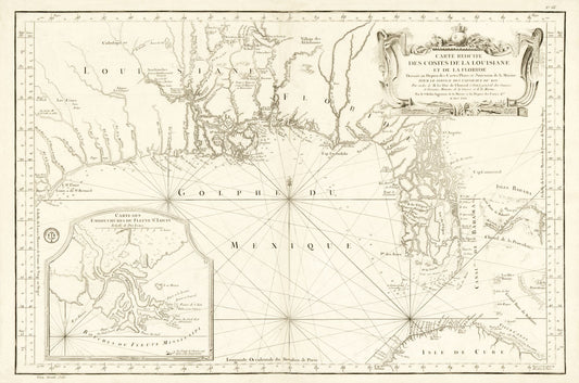 Historic State Map - Louisiana Florida Gulf Coast - Bellin 1764 - 34.70 x 23 - Vintage Wall Art