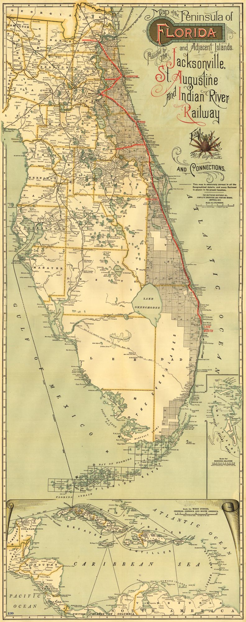 Railroad Map - Florida Railway Connections - Northrup 1893 - 23 x 58.16 - Vintage Wall Art