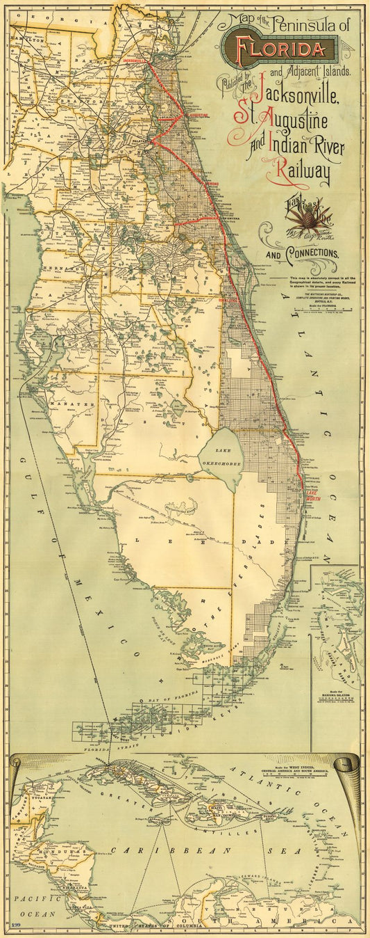 Railroad Map - Florida Railway Connections - Northrup 1893 - 23 x 58.16 - Vintage Wall Art