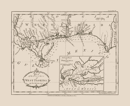 Historic State Map - West Florida - Kitchin 1781 - 28.39 x 23 - Vintage Wall Art