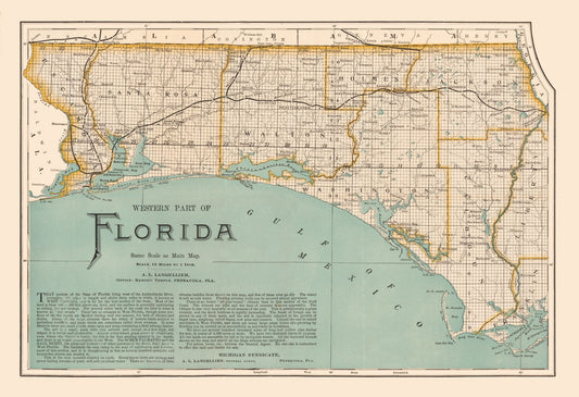 Historic State Map - Western Florida - Langellier 1890 - 33.59 x 23 - Vintage Wall Art