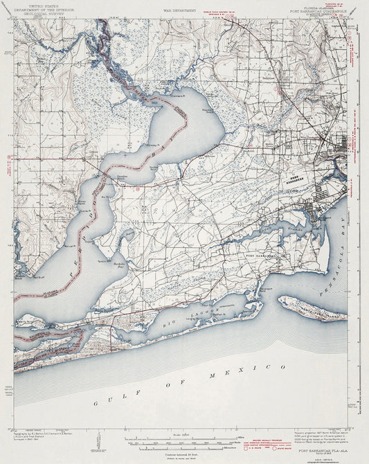 Topographical Map - Florida Alabama Fort Barrancas Quad - USGS 1943 - 23 x 28.92 - Vintage Wall Art