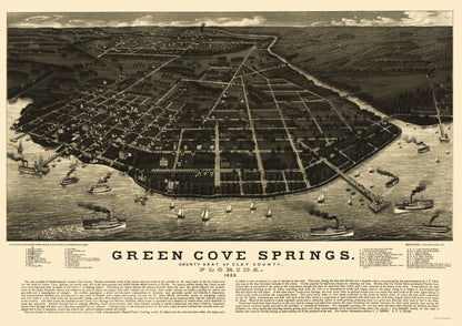 Historic Panoramic View - Green Cove Springs Florida - Beck 1885 - 23 x 32.50 - Vintage Wall Art