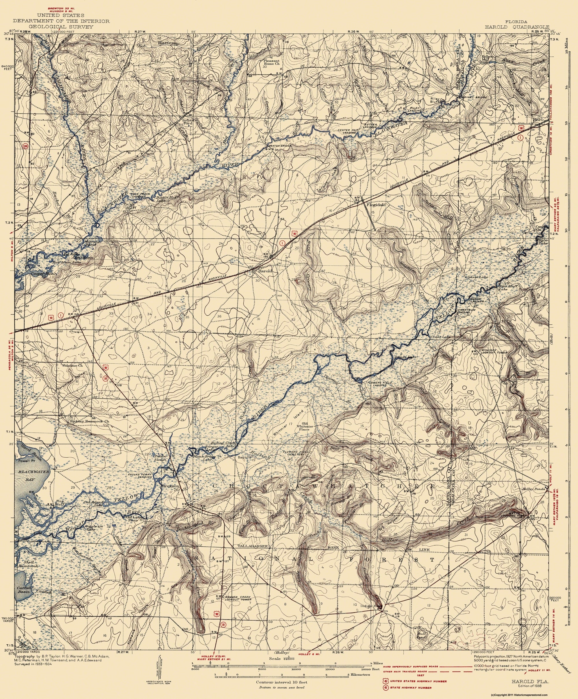 Topographical Map - Harold Florida Quad - USGS 1938 - 23 x 27.81 - Vin ...