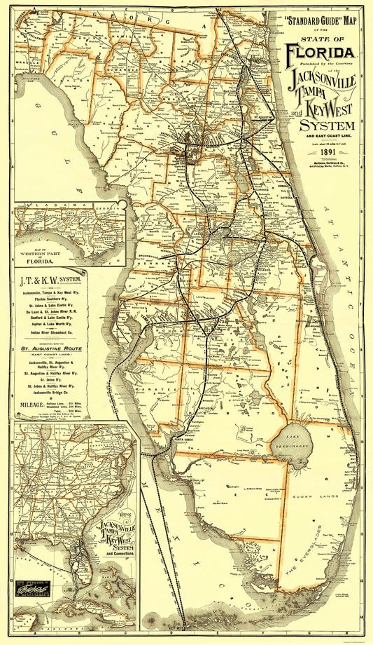 Railroad Map - Jacksonville Tampa Key West - Matthews 1891 - 23 x 39 - Vintage Wall Art