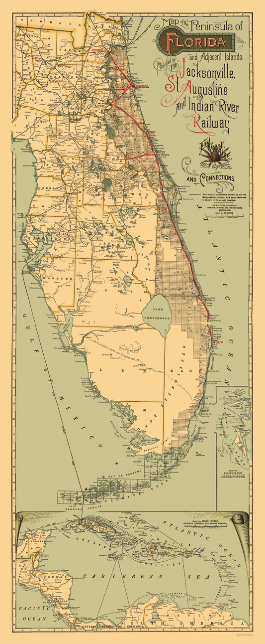 Railroad Map - Jacksonville St Augustine Indian River - Matthews 1893 - 23 x 55 - Vintage Wall Art