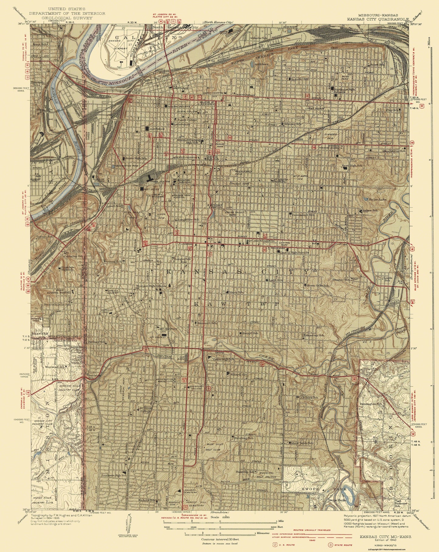 Topographical Map - Kansas City Missouri Kansas Quad - USGS 1940 - 23 28.9 - Vintage Wall Art