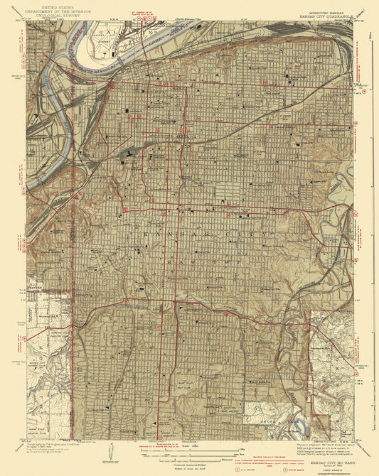 Topographical Map - Kansas City Missouri Kansas Quad - USGS 1940 - 23 28.9 - Vintage Wall Art