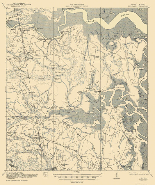 Topographical Map - Florida Georgia Kingsland Quad - USGS 1918 - 23 x 27.43 - Vintage Wall Art