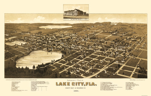 Historic Panoramic View - Lake City Florida - Beck 1885 - 23 x 36.41 - Vintage Wall Art