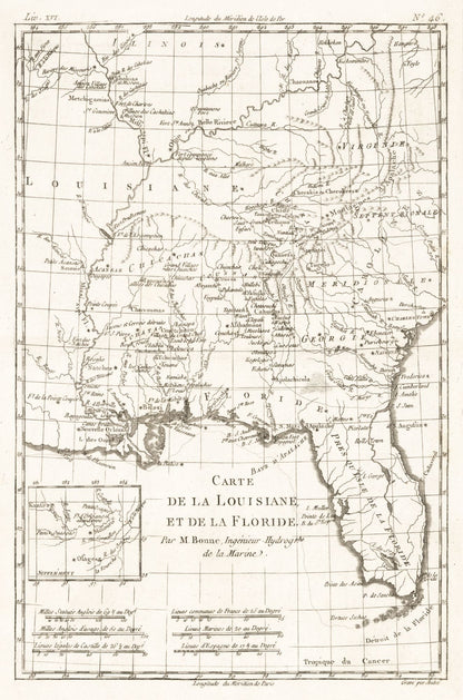 Historic State Map - Louisiana Florida - Bonne 1780 - 23 x 34.76 - Vintage Wall Art