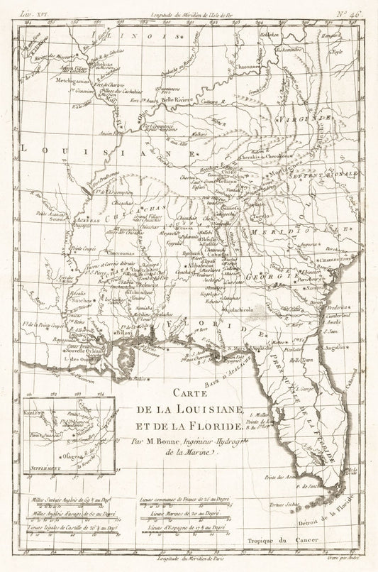 Historic State Map - Louisiana Florida - Bonne 1780 - 23 x 34.76 - Vintage Wall Art