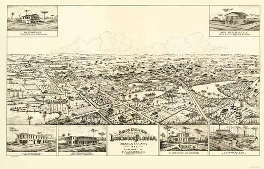 Historic Panoramic View - Longwood Florida - Forbes 1885 - 23 x 35.88 - Vintage Wall Art