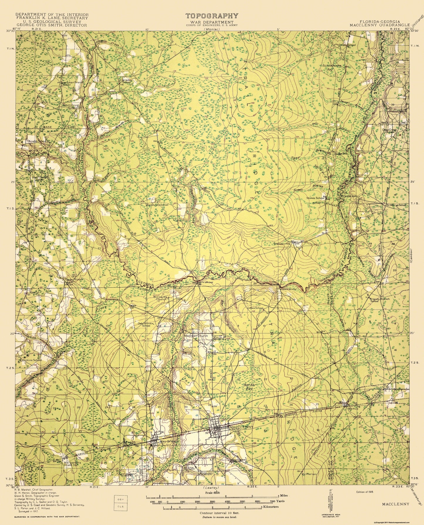 Topographical Map - Macclenny Florida Georgia Quad - USGS 1918 - 23 x 28.46 - Vintage Wall Art