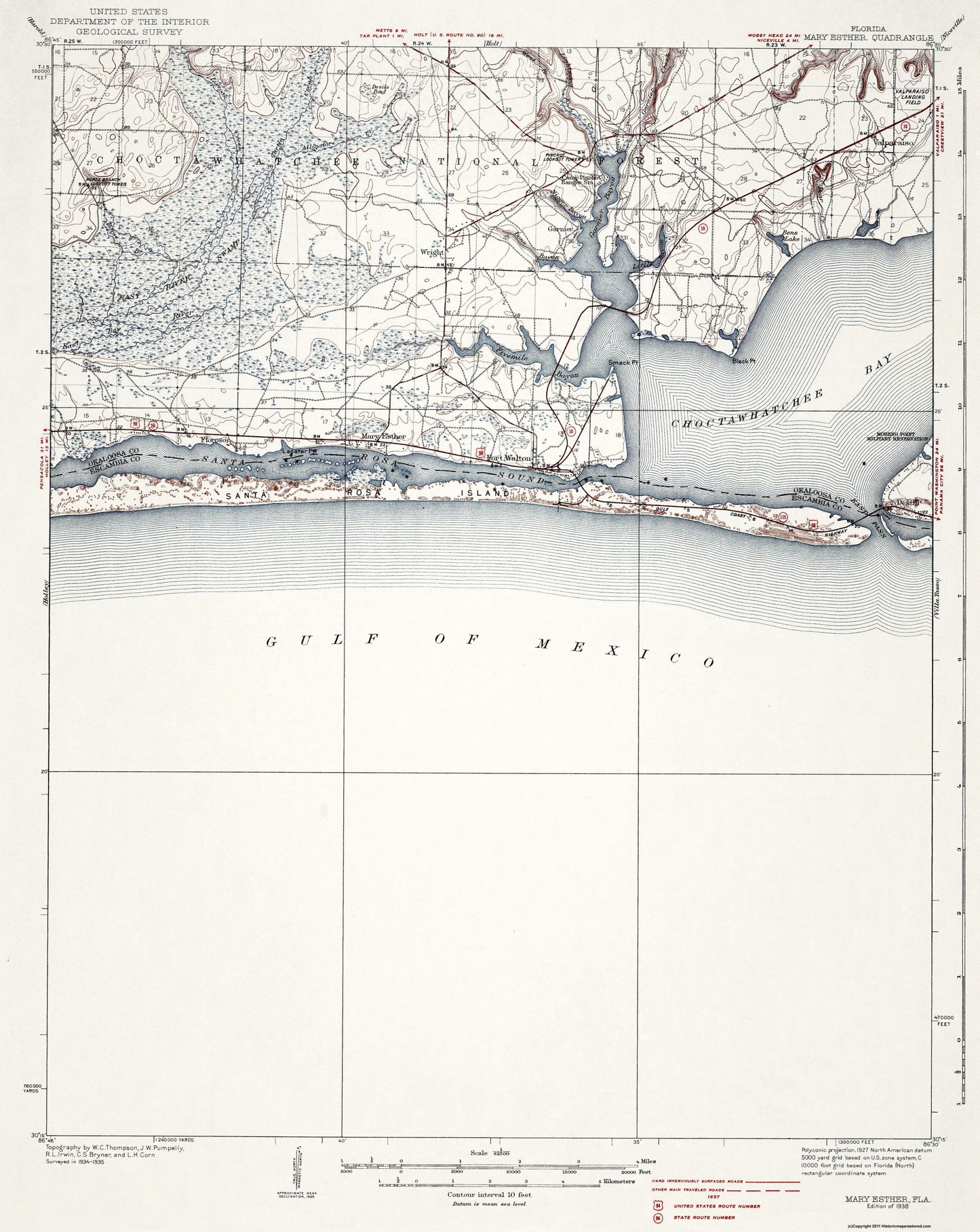 Topographical Map - Mary Esther Florida Quad - USGS 1938 - 23 x 28.92 - Vintage Wall Art