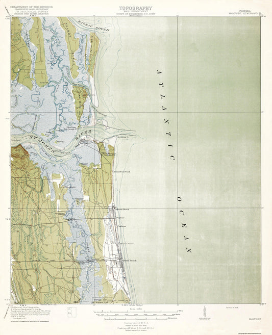 Topographical Map - Mayport Florida Quad - USGS 1918 - 23 x 28.35 - Vintage Wall Art