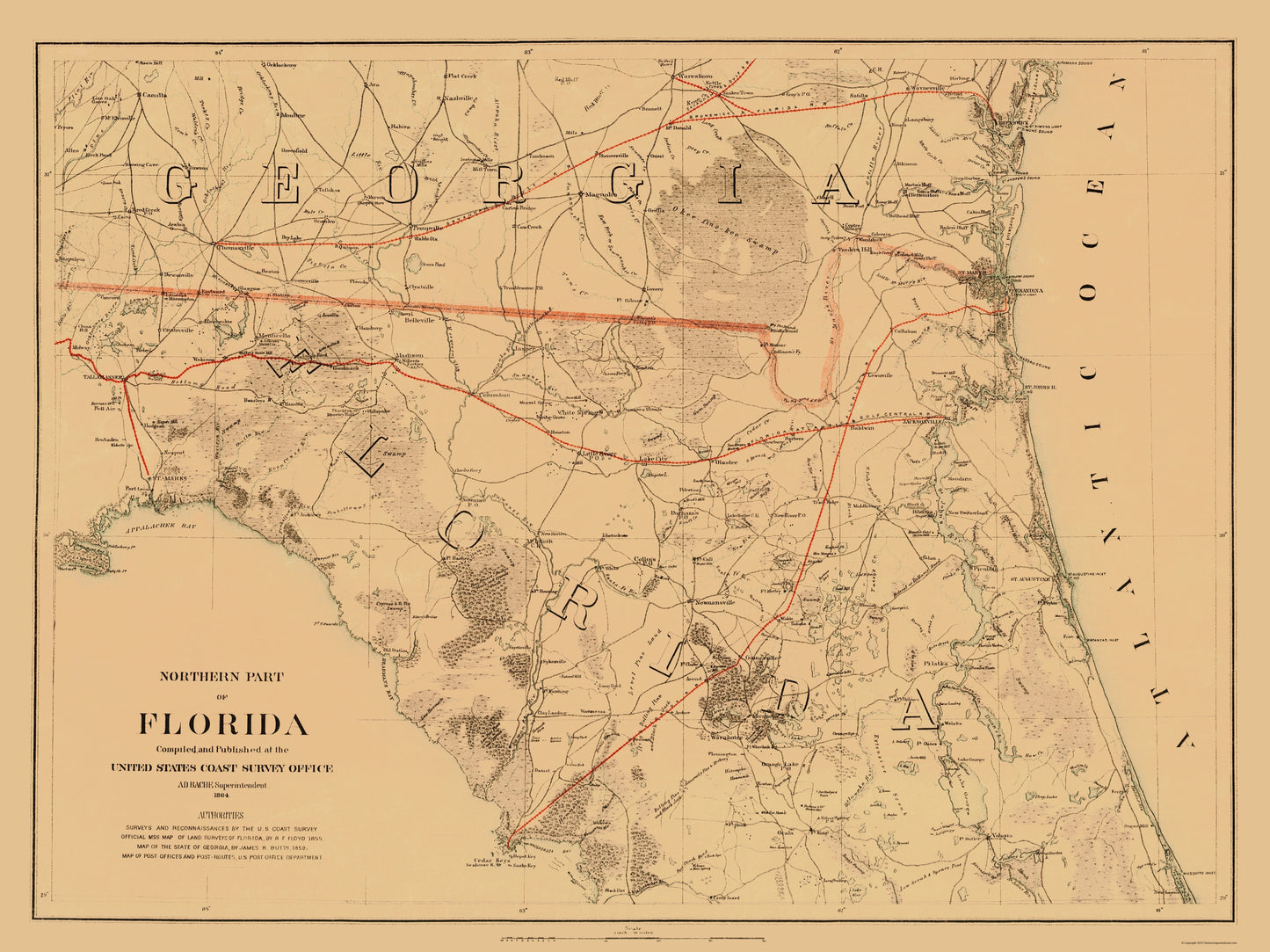 Topographical Map - Florida North - Bache 1864 - 23 x 30.69 - Vintage Wall Art