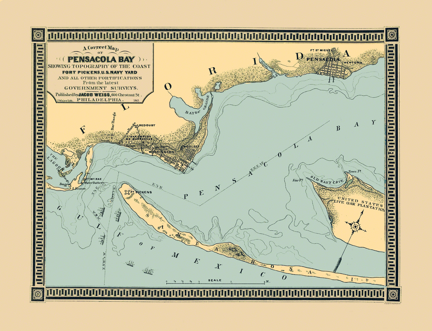 Historic City Map - Pensacola Bay Florida - Weiss 1863 - 30 x 23 - Vintage Wall Art