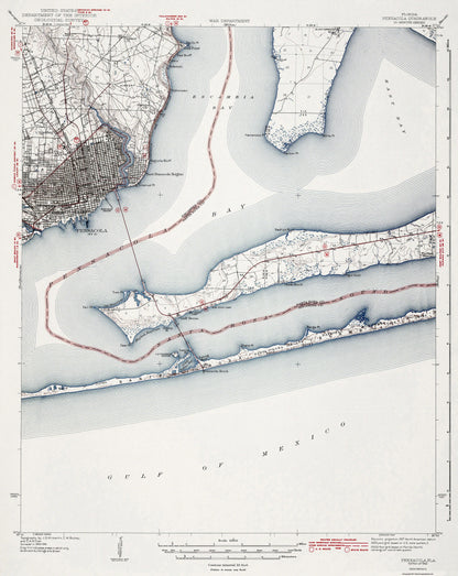 Topographical Map - Pensacola Florida Quad - USGS 1942 - 23 x 28.91 - Vintage Wall Art