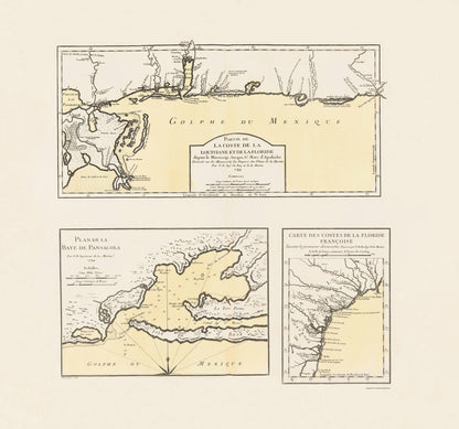 Historic State Map - Florida Louisiana Coast Pensacola Bay - Bellin 1744 - 23 x 24 - Vintage Wall Art