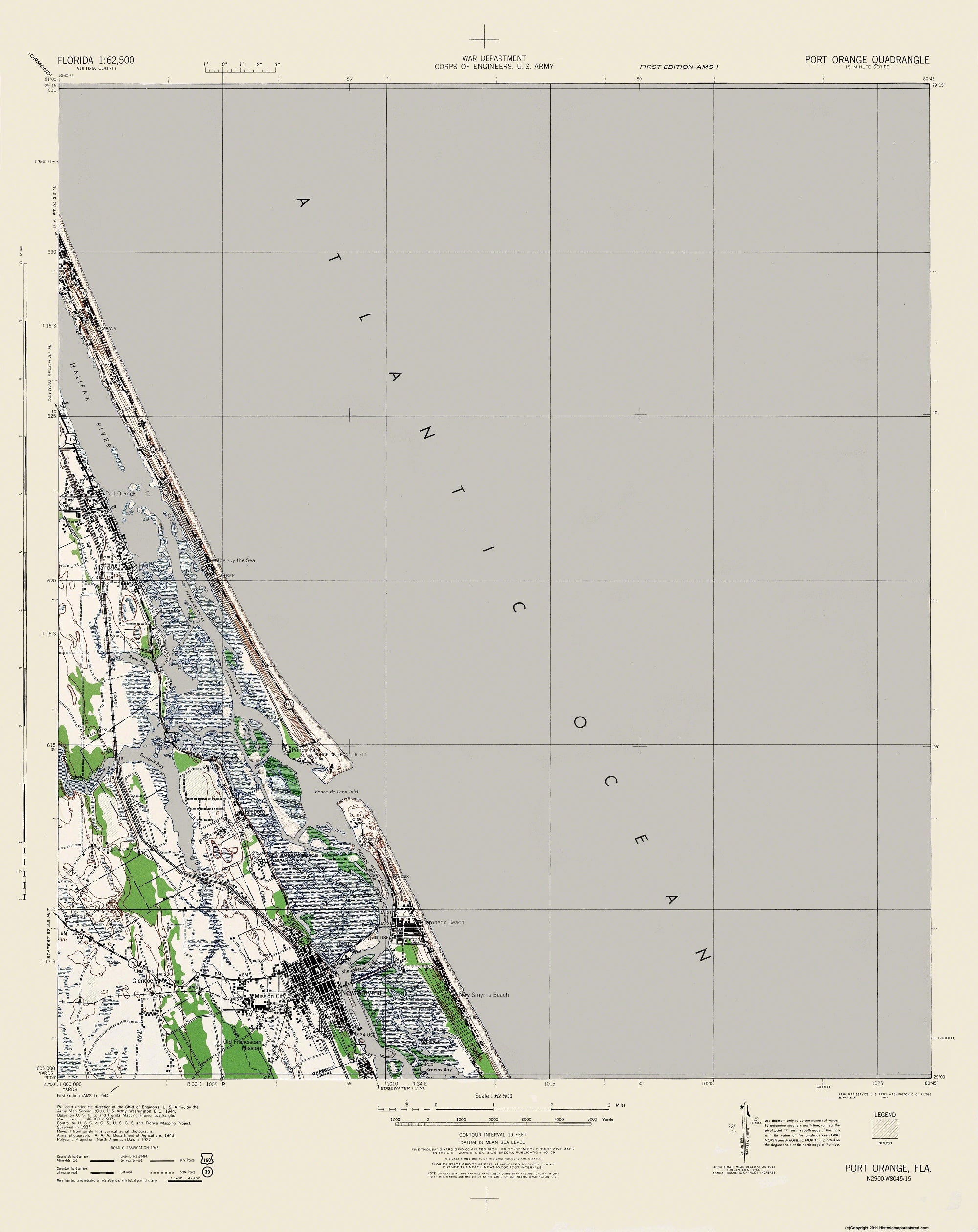 Topographical Map - Port Orange Florida Quad - USGS 1944 - 23 x 28.97 ...