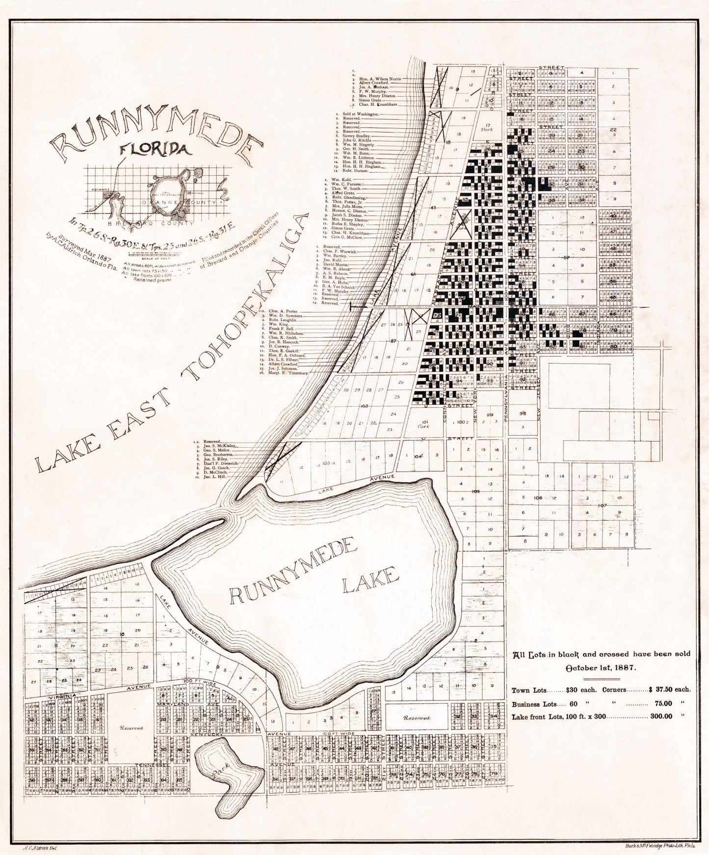 Historic City Map - Runnymede Florida - Aldrich 1887 - 23 x 27.73 - Vintage Wall Art