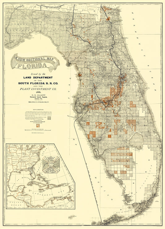 Railroad Map - South Florida Railroad Co - Matthews 1888 - 23 x 32.00 - Vintage Wall Art