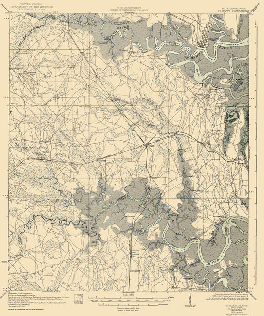 Topographical Map - Florida Georgia St Marys Quad - US Army 1936 - 23 x 27.44 - Vintage Wall Art