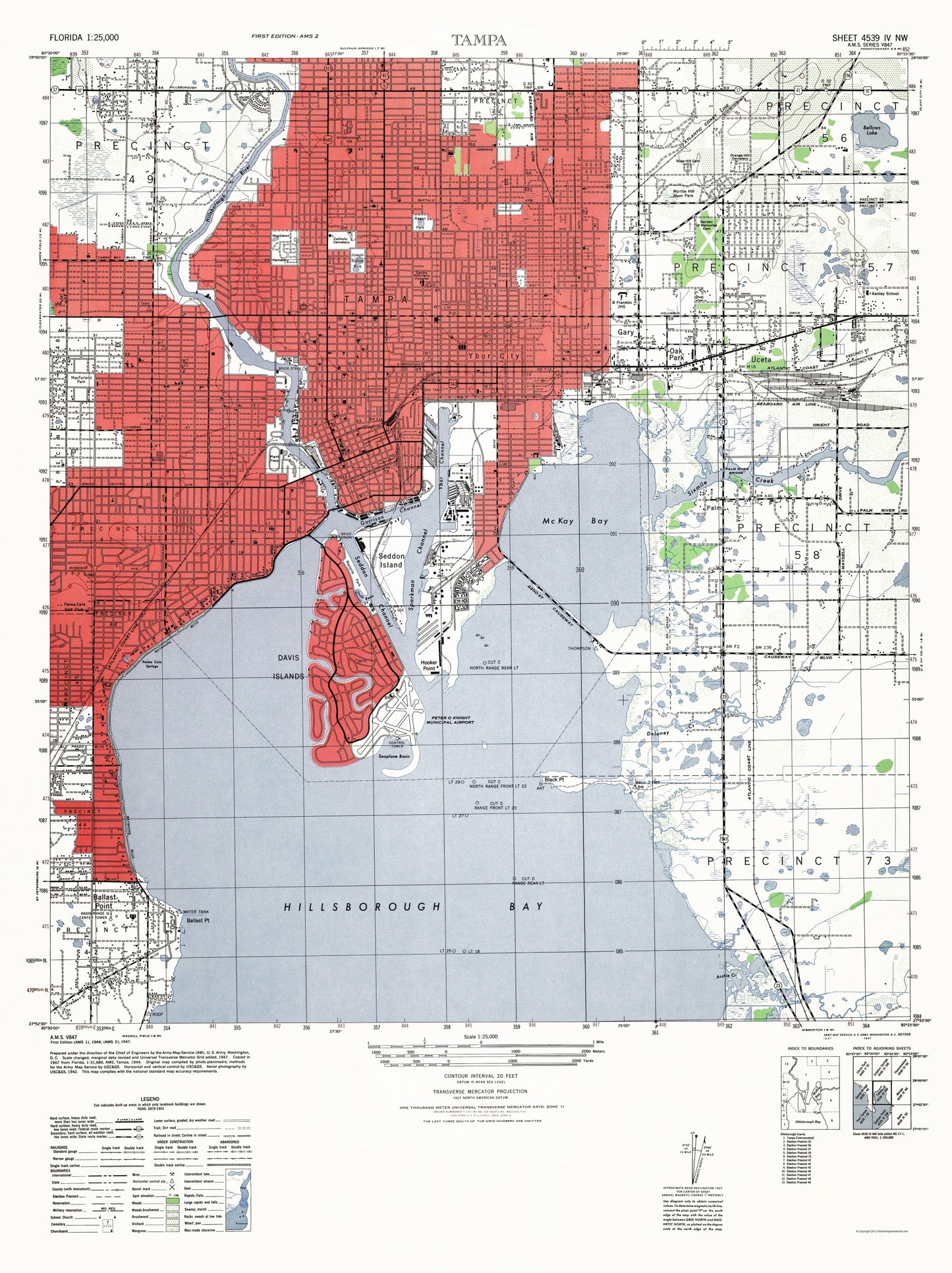 Topographical Map - Tampa Florida Sheet - US Army 1947 - 23 x 30.73 - Vintage Wall Art