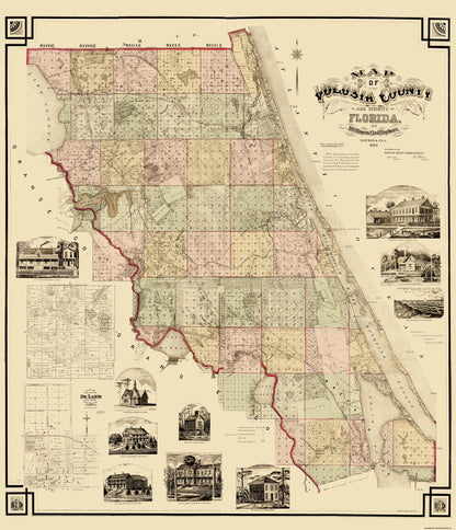 Historic County Map - Volusia County Florida - Rogers 1883 - 23 x 26.75 - Vintage Wall Art