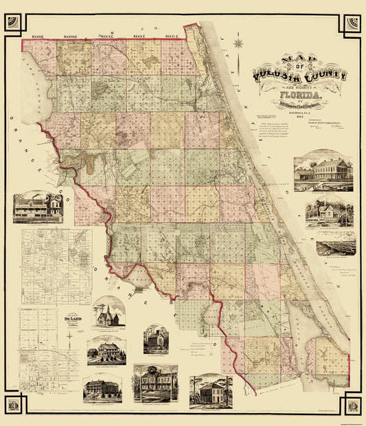 Historic County Map - Volusia County Florida - Rogers 1883 - 23 x 26.75 - Vintage Wall Art