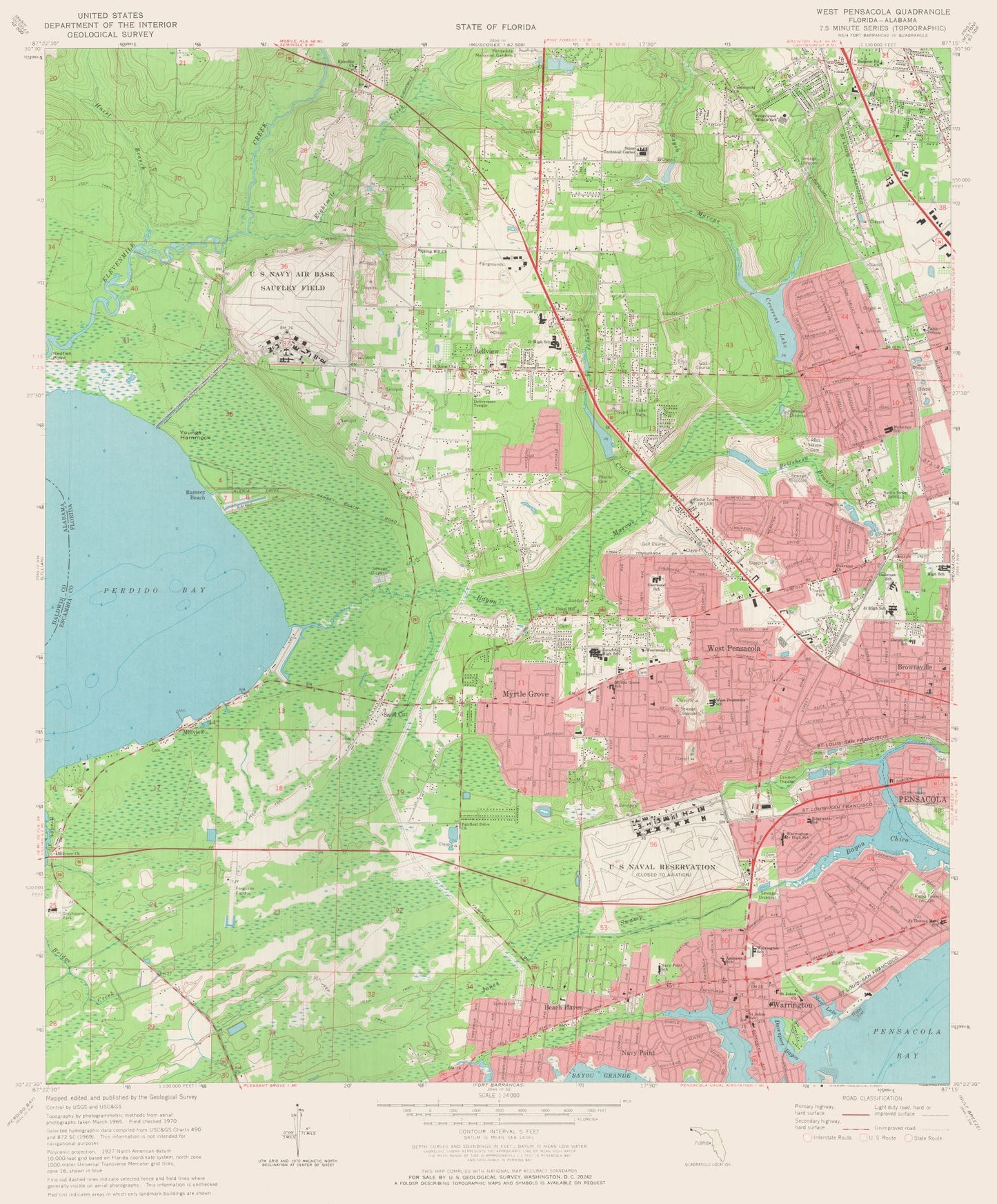 Topographical Map - West Pensacola Florida Quad - USGS 1970 - 23 x 27.78 - Vintage Wall Art