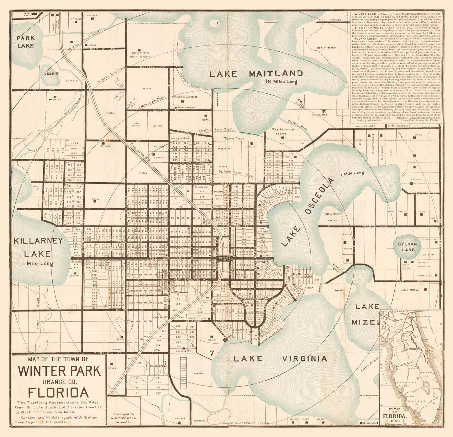 Historic City Map - Winter Park Florida - Robinson 1884 - 23.86 x 23 - Vintage Wall Art