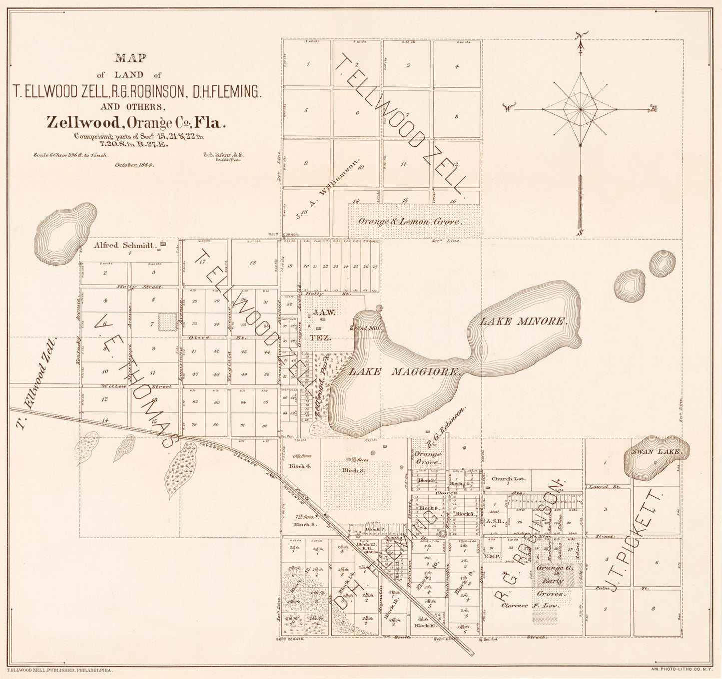 Historic City Map - Zellwood Florida - Rehrer 1884 - 24.45 x 23 - Vintage Wall Art