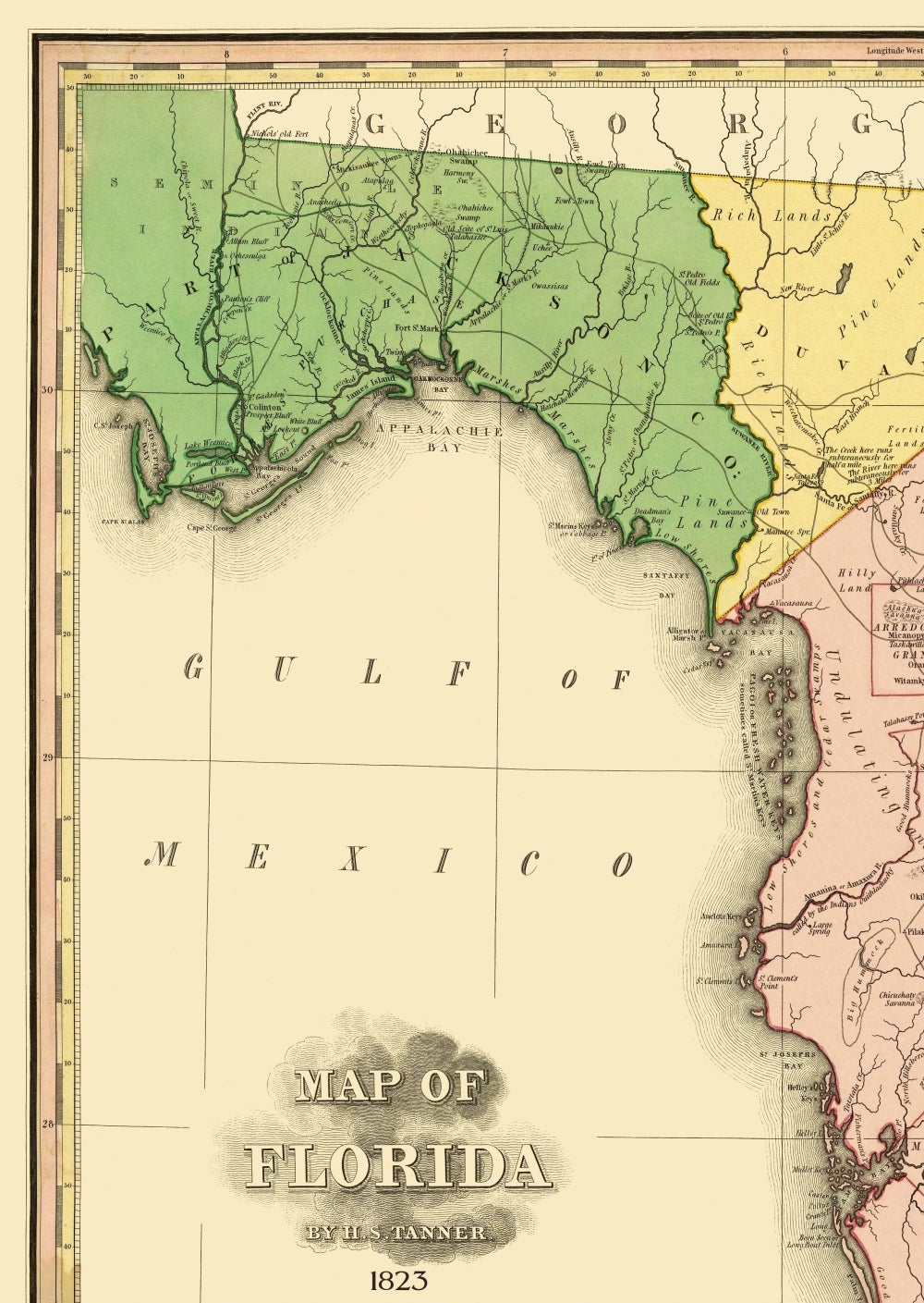 Historic State Map - Florida - Tanner 1823 - 23 x 32.44 - Vintage Wall Art