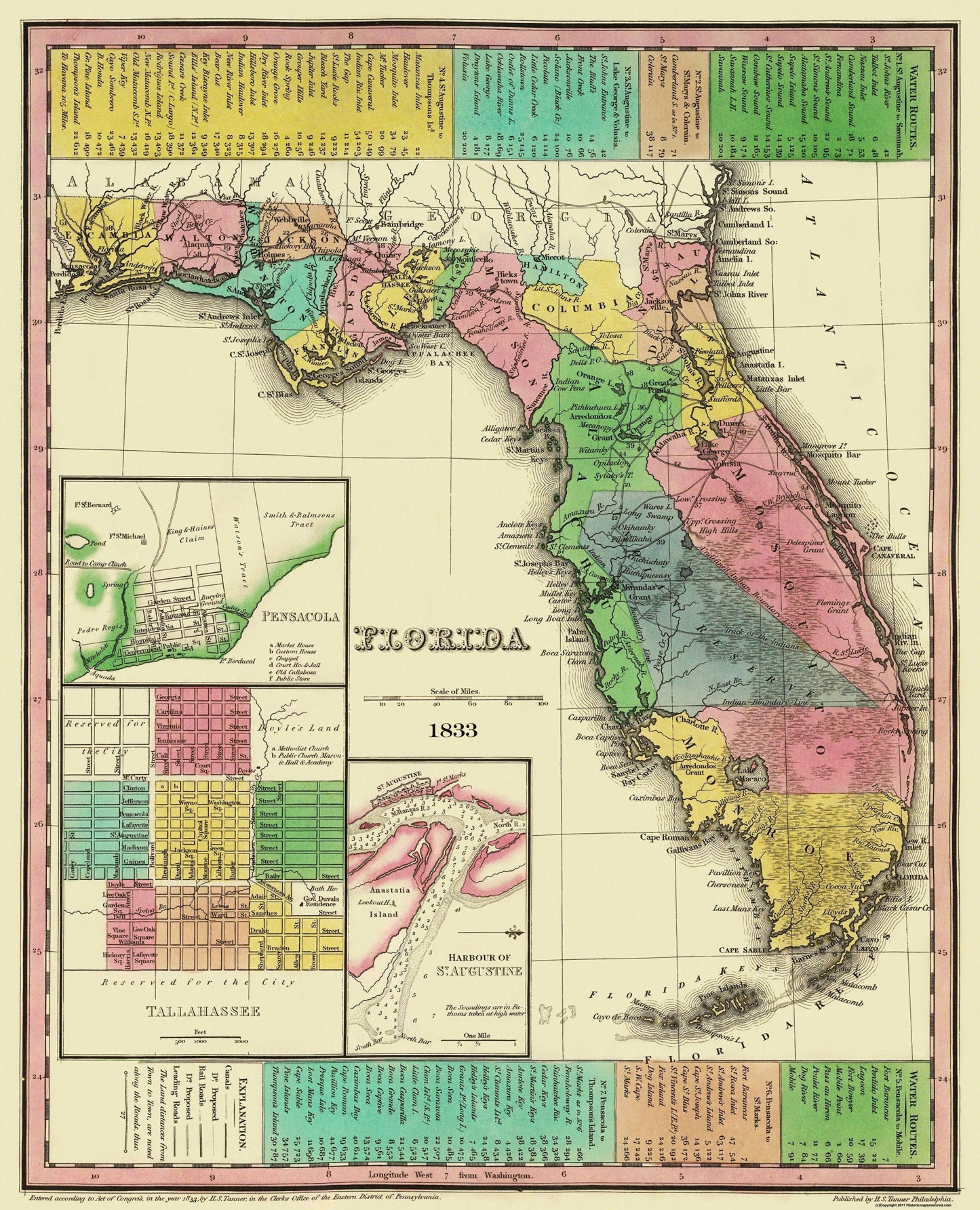 Historic State Map - Florida - Tanner 1833 - 23 x 28.38 - Vintage Wall Art