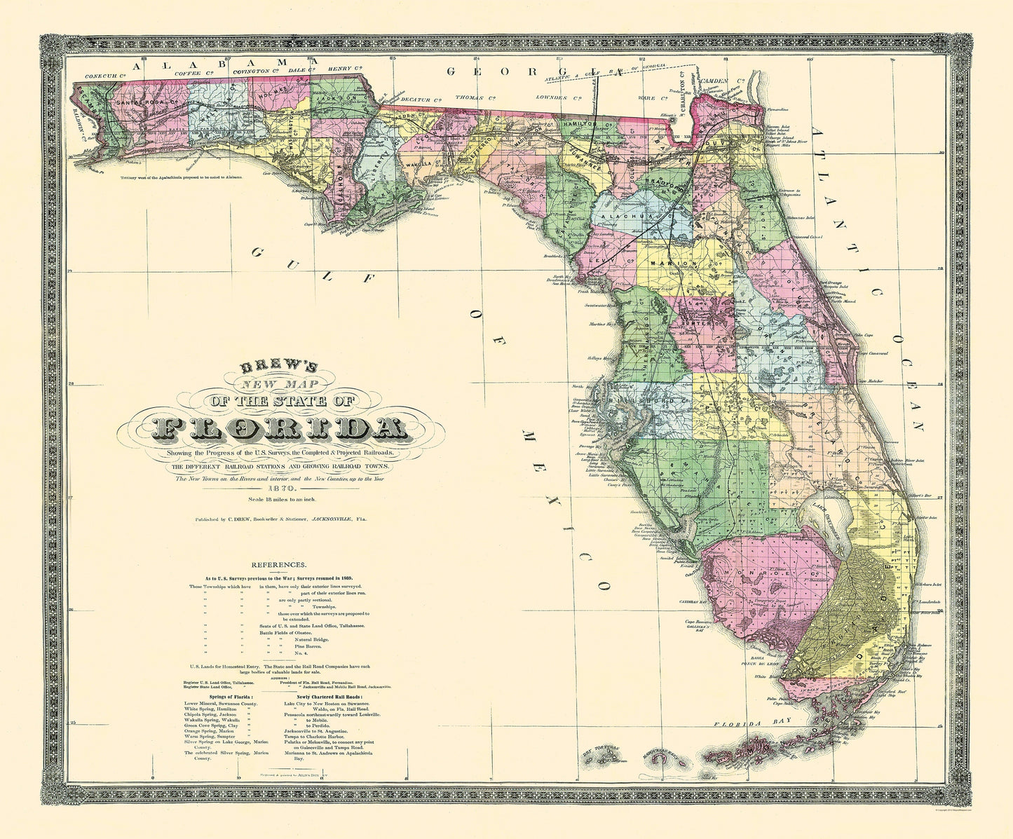 Historic State Map - Florida - Drew 1870 - 27.75 x 23 - Vintage Wall Art