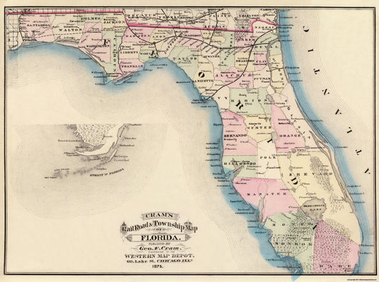 Historic State Map - Florida - Cram 1875 - 30.88 x 23 - Vintage Wall Art