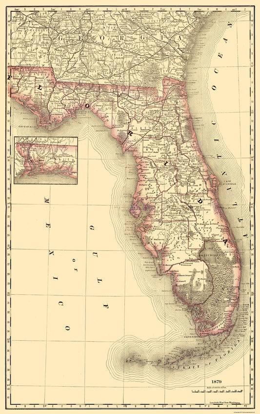 Historic State Map - Florida - Rand McNally 1879 - 23 x 36.56 - Vintage Wall Art