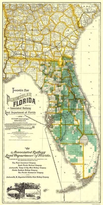 Railroad Map - Florida - 1890 - 23 x 45.56 - Vintage Wall Art