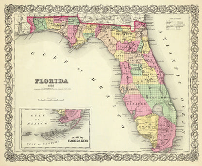 Historic State Map - Florida - Colton 1856 - 28 x 23 - Vintage Wall Art