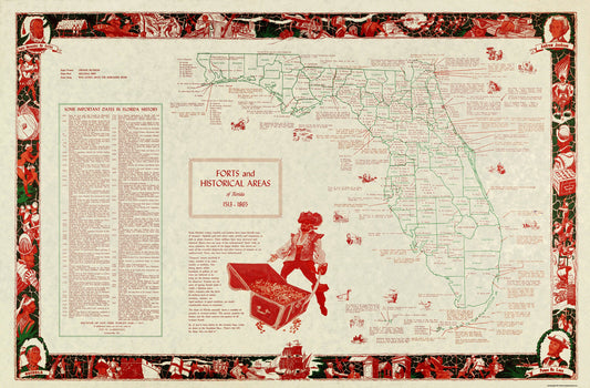 Railroad Map - Florida Forts Historical Areas 1513 - 1865 - 1965 - 35 x 23 - Vintage Wall Art