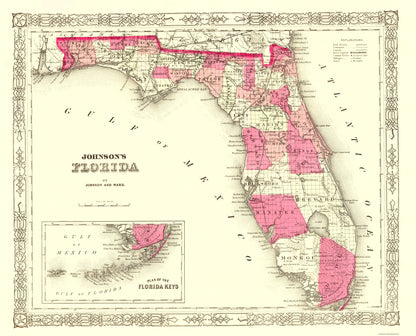 Historic State Map - Florida - Johnson 1863 - 23 x 28.47 - Vintage Wall Art